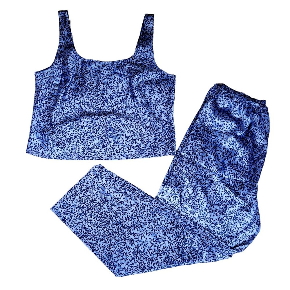Victoria's Secret New Silky 2 Piece Matching Pajama Set with Long Pants Blue Flo